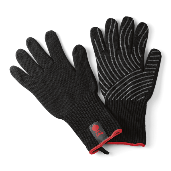 Schwarze Weber Grillhandschuhe mit Silikon-Griffflächen und rotem Logo