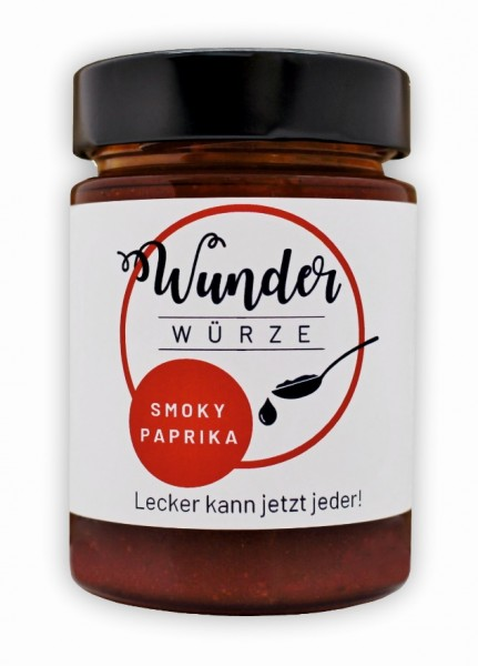 Glas der Eatventure Wunderwürze Smoky Paprika mit weißem Etikett und dunkelbraunem Deckel