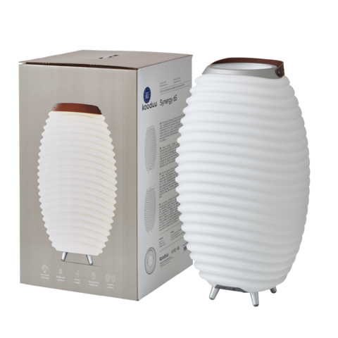 Kooduu Synergy 65 2.0 neben seiner Verpackung, zeigt Funktionen als Lautsprecher, Lampe und Kühler