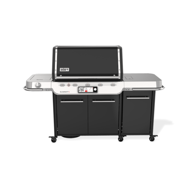 Weber Summit FS38X E Smart Grill in Schwarz mit geöffnetem Deckel und Touchscreen