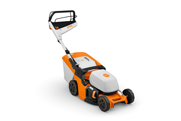STIHL RMA 443 V Akku-Rasenmäher in Orange und Weiß auf weißem Hintergrund