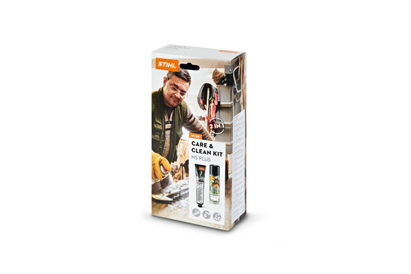 STIHL Care & Clean Kit HS Plus Verpackung mit Produktbildern und Anwendungshinweisen