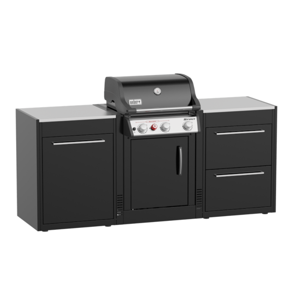 Weber BBQ Kitchen Gas 210 mit schwarzen Modulen und Edelstahl-Arbeitsplatten