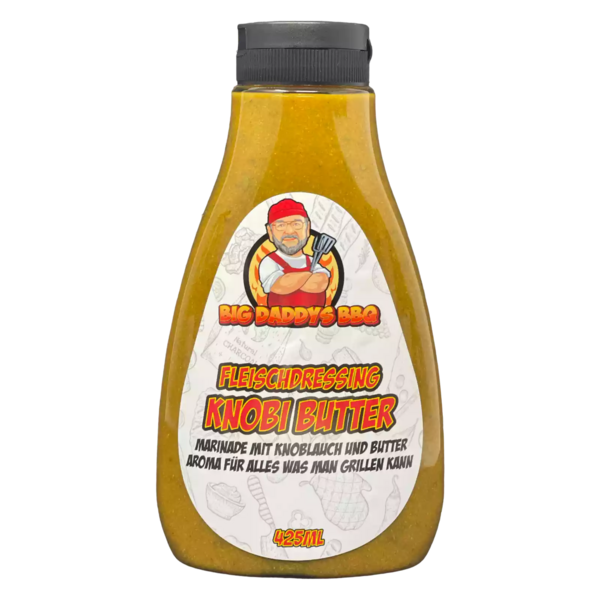 Flasche von Big Daddy's BBQ Knobi Butter Marinade mit Cartoon-Mann und Produktbeschreibung