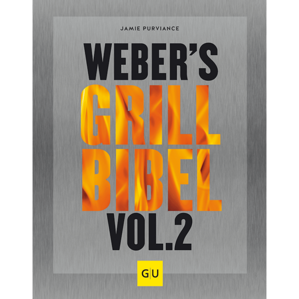 Cover von Weber's Grillbibel Vol. 2 mit feurigen Buchstaben auf metallischem Hintergrund