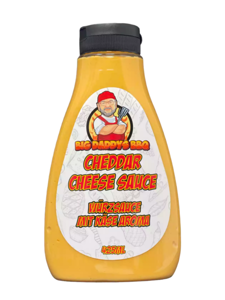 Flasche von Big Daddy's BBQ Cheddar Cheese Sauce mit Cartoon-Mann auf Etikett
