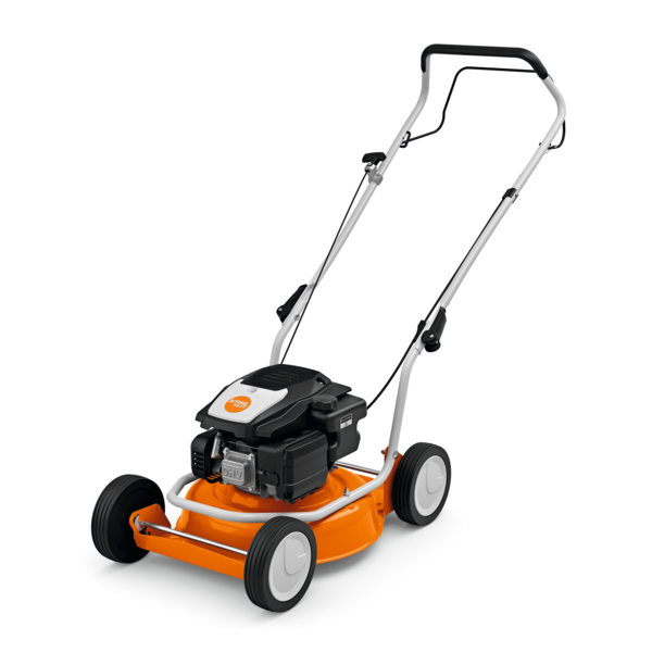 STIHL RM 2 R Rasenmäher mit Mulchfunktion und leichtlaufrädern auf weißem Hintergrund