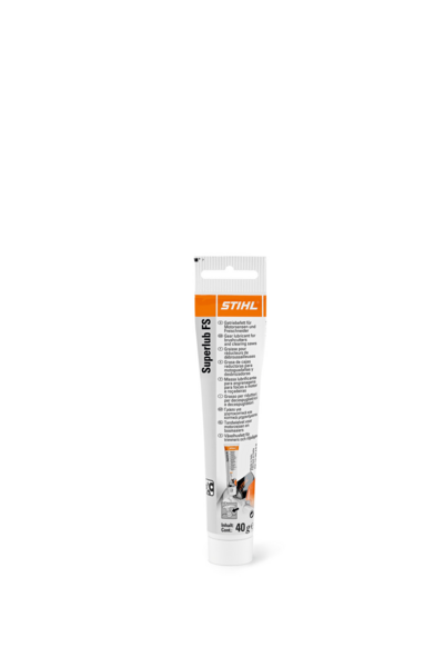 Weiße Tube STIHL Superlub FS Getriebefett 40g mit Beschreibung und Geräteabbildungen
