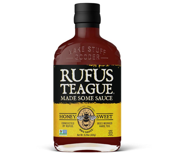 Flasche Rufus Teague Honey Sweet BBQ Sauce mit Details auf Etikett