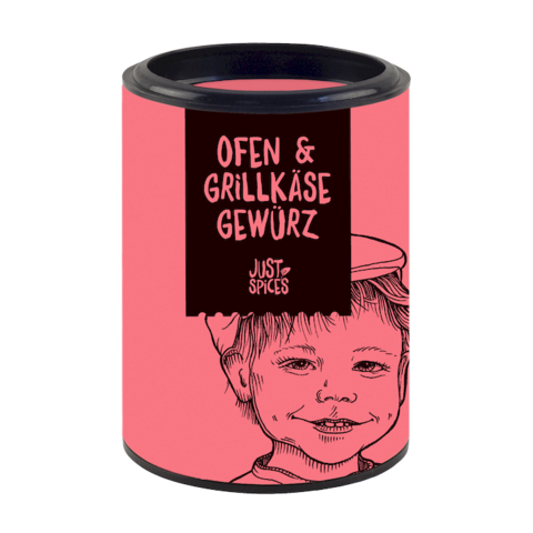 Just Spices Gewürzdose für Ofen und Grillkäse in Rosa mit Kindergesicht Illustration
