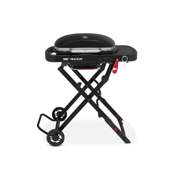 Weber Traveler Compact Gasgrill in Schwarz mit klappbarem Gestell und großen Rädern