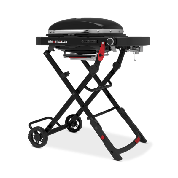 Weber Traveler Compact Gasgrill in Schwarz auf faltbarem Gestell mit großen Rädern