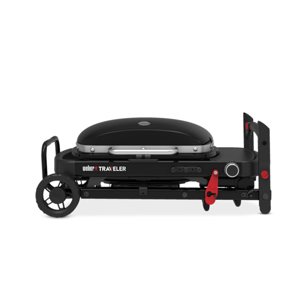 Weber Traveler Compact Gasgrill in Schwarz, zusammengeklappt und transportbereit
