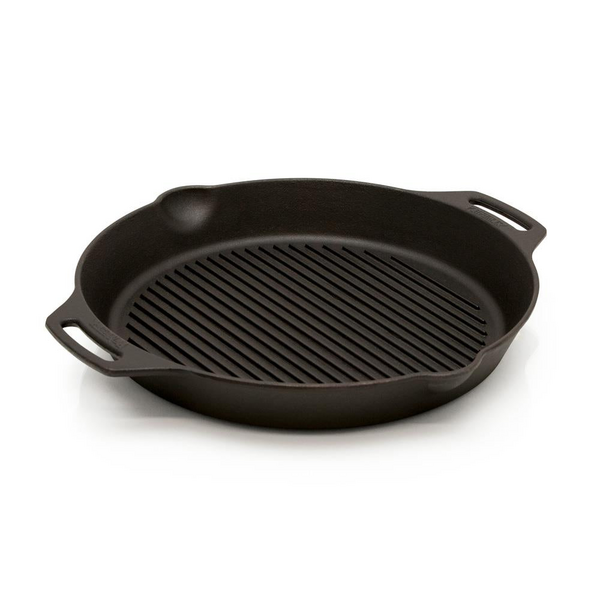 Schwarze Gusseisen Grill-Feuerpfanne gp35h mit gerippter Innenfläche und zwei Henkeln