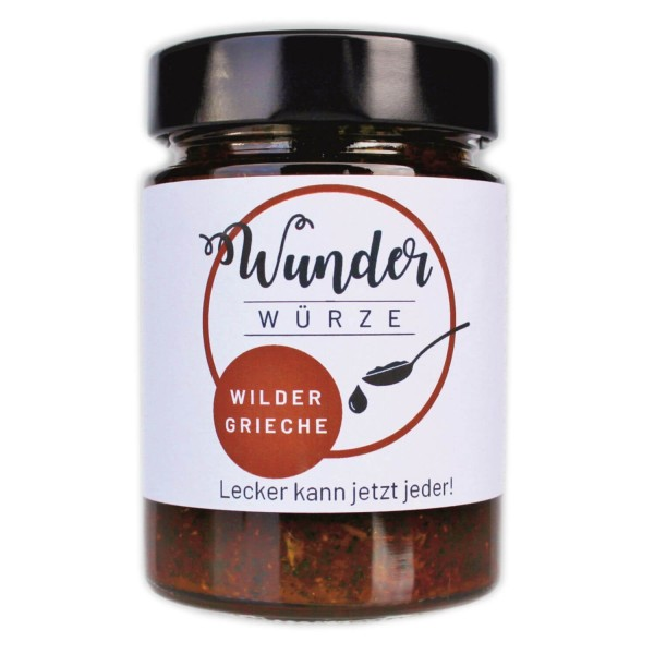 Glasgefäß mit Gewürzmischung 'Wunderwürze - Wilder Grieche' auf weißem Hintergrund