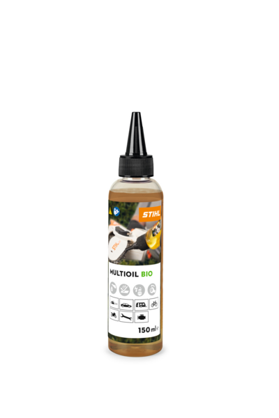 STIHL Multioil Bio 50 ml Flasche mit Anwendungssymbolen und Umweltzertifikaten