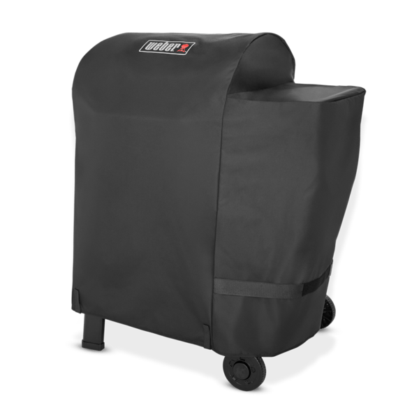 Weber Premium Abdeckhaube auf Searwood Holzpelletgrill mit Weber-Logo und Klettbändern