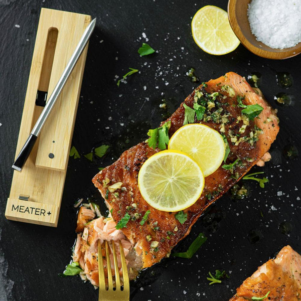 MEATER Plus Fleischthermometer neben zubereitetem Lachs auf dunklem Untergrund