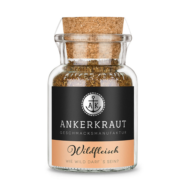 Glasgefäß mit Ankerkraut Wildfleisch Gewürzmischung und Korkdeckel