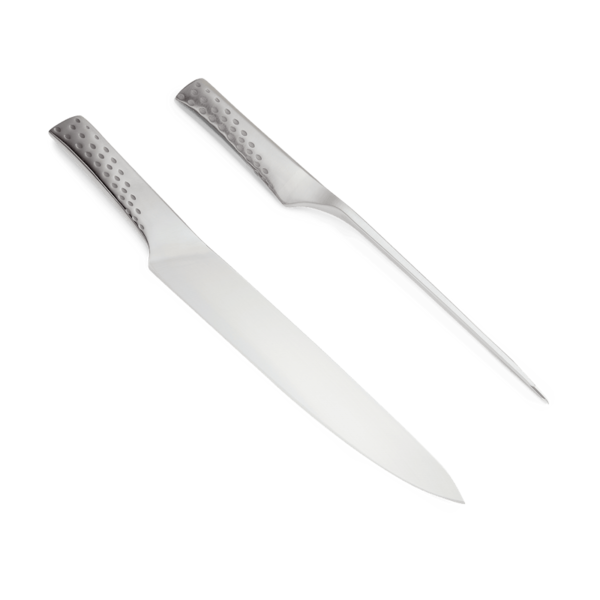 Deluxe Tranchierbesteck-Set aus Edelstahl mit ergonomischen Griffen auf dunkelgrünem Hintergrund