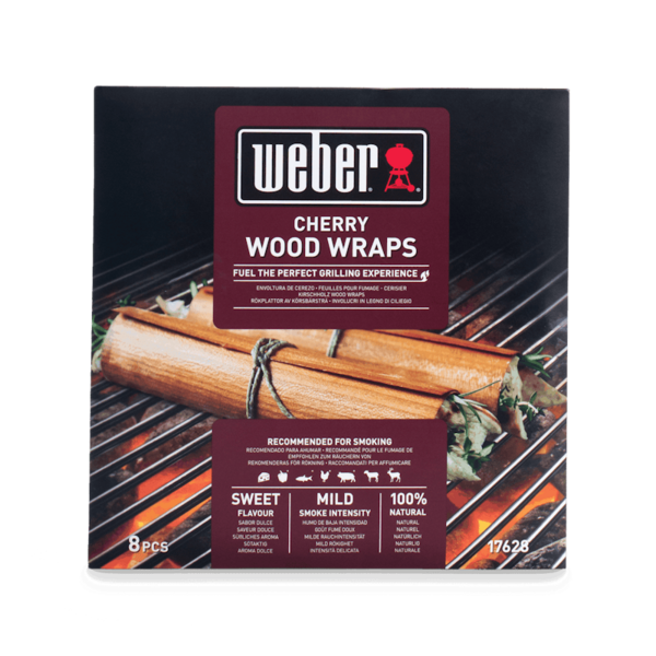 Weber Cherry Wood Wraps Verpackung mit Produktinformationen und Holzplättchen