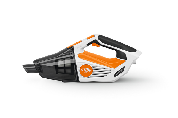 Stihl SEA 20 Handstaubsauger in Weiß und Orange mit transparentem Schmutzfangbehälter