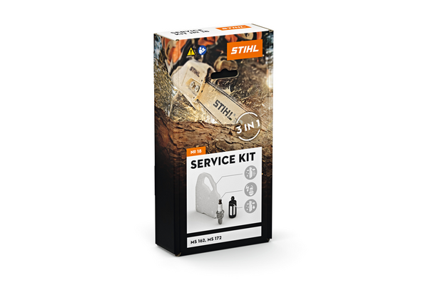 STIHL Service Kit 18 Verpackung für Benzin-Kettensägen mit Bild einer sägenden Kettensäge und Wartungswerkzeugen