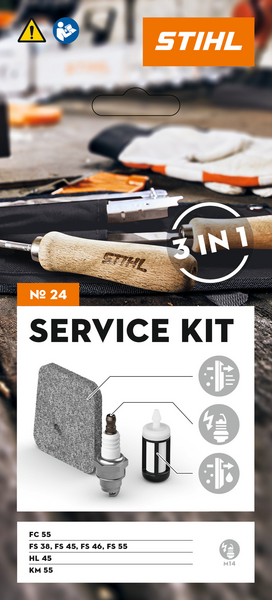 Werbeposter für STIHL Service Kit 24 mit Vliesluftfilter, Zündkerze und Kraftstofffilter