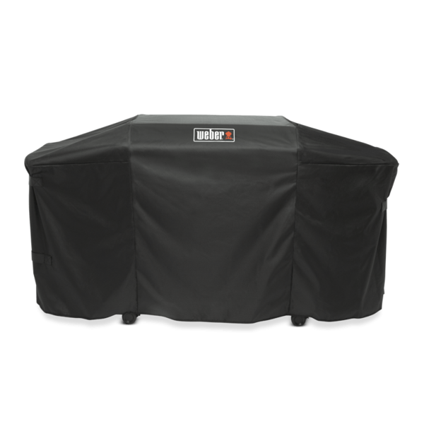 Weber Premium Abdeckhaube auf einer Plancha, schwarz mit rotem Weber-Logo