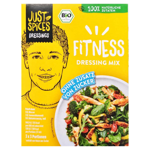 Verpackung von Just Spices Fitness Bio Dressing Mix mit Porträt und Salatbild