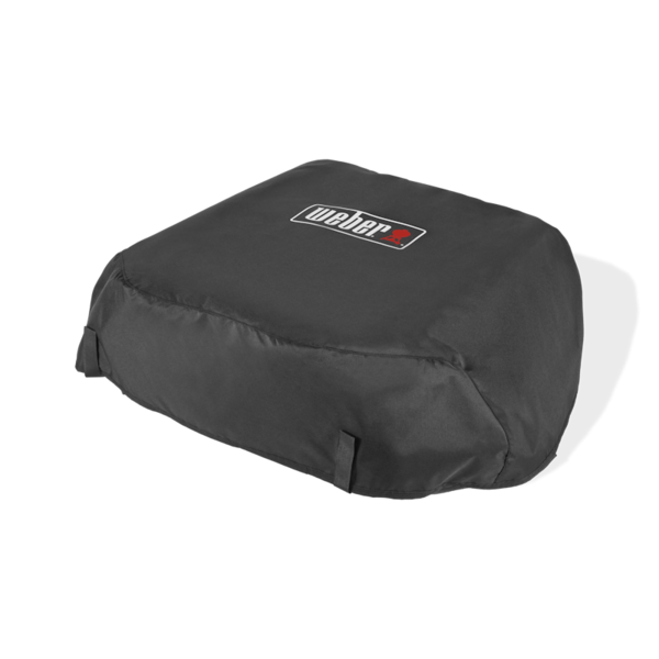 Schwarze Weber Prem. Abdeckhaube Slate 43cm auf grünem Hintergrund mit rotem Logo