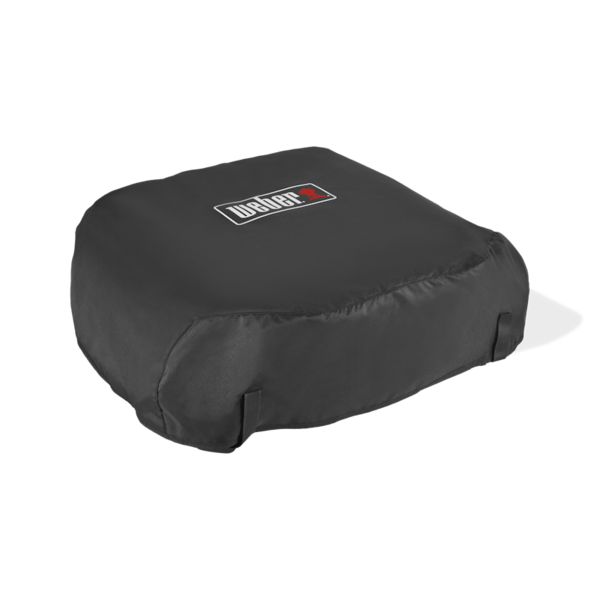 Schwarze Weber Prem. Abdeckhaube Slate 43cm auf grünem Hintergrund mit weißem Logo