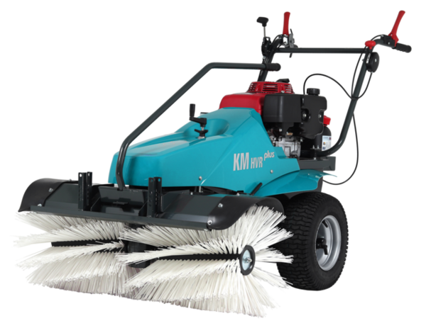 Türkise Kehrmaschine Remarc KM HVR PLUS 120 mit großer weißer Bürste und rotem Motor