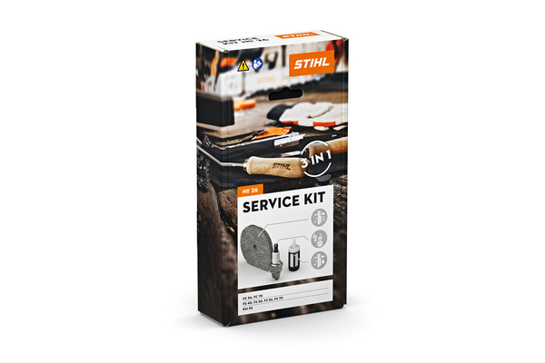 STIHL Service Kit 26 Verpackung mit Werkzeugen im Hintergrund