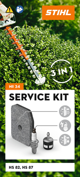 Werbeposter für STIHL Service Kit 34 mit Heckenschere und Wartungsteilen