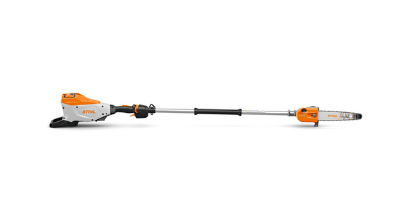 Stihl HTA 150 Akku-Hochentaster in Seitenansicht mit sichtbarem Schneidkopf und Motorblock