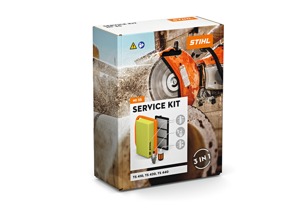 STIHL Service Kit 35 Verpackung mit Trennschleifer und Wartungskomponenten