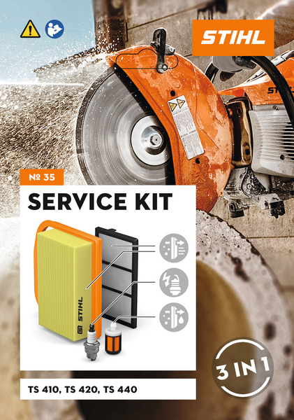 Werbegrafik für STIHL Service Kit 35 mit Darstellung von Trennschleifer und Wartungskomponenten