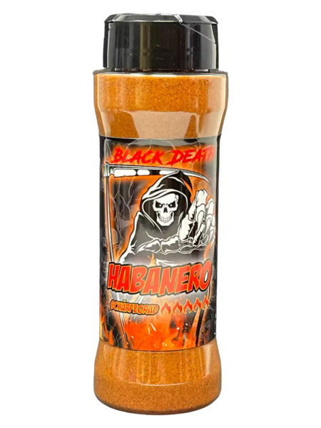 Transparenter Gewürzstreuer mit 'Black Death Habanero' Chili-Pulver und gruseligem Skelett-Design