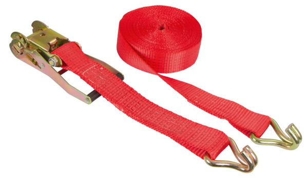 Roter Ratschenzurrgurt mit Metallratsche und Spitzhaken