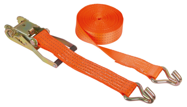 Zweiteiliger Ratschenzurrgurt mit orange Gurtband und Metallspitzhaken