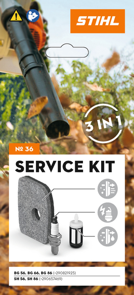 Werbeplakat für STIHL Service Kit 36 mit Darstellung von Laubbläser, Vliesfilter, Zündkerze und Kraftstofffilter