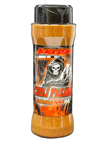Streuer mit Black Death Chili Pulver und auffälligem Etikett mit Sensenmann und Flammen
