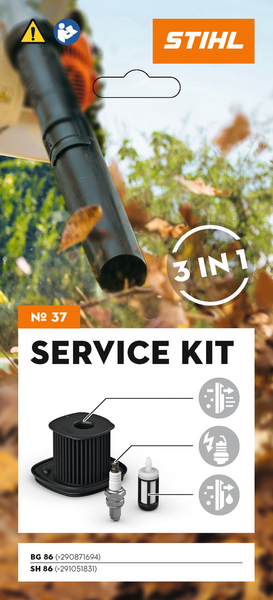 Werbegrafik für STIHL Service Kit 37 mit Laubbläser und Ersatzteilen