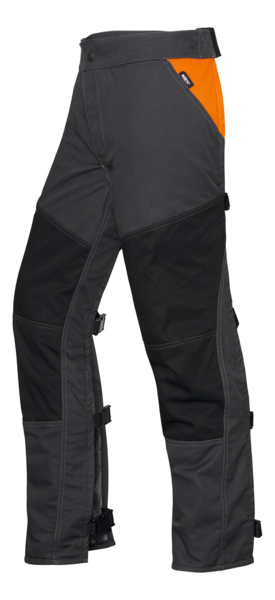 Schwarze STIHL Vorderbeinschutz Chaps mit orangefarbenem Detail und verstellbaren Gurten