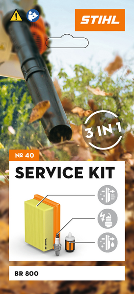 Werbegrafik für STIHL Service Kit 40 mit Komponenten und Vorteilen für BR 800 Laubbläser