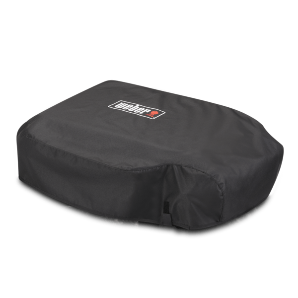 Weber Premium Abdeckhaube Slate 56cm auf einer Plancha mit Klettbändern und Logo
