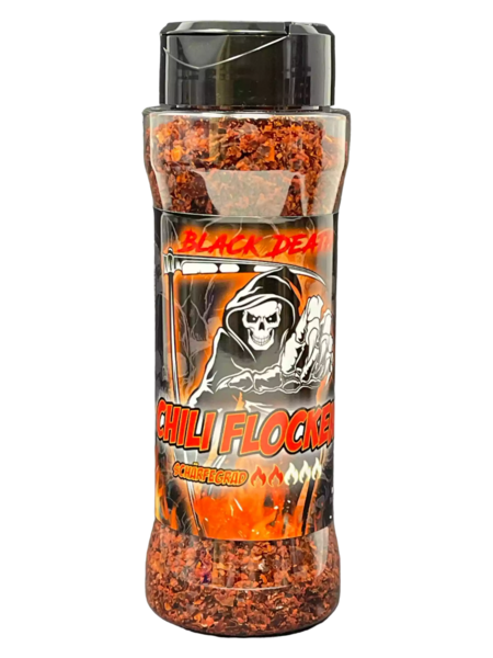 Transparenter Streuer mit roten Chili-Flocken und Totenkopf-Design