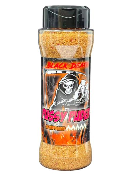 Gewürzstreuer mit mildem Black Death Pussy Puder, Skelett und Flammen auf Etikett