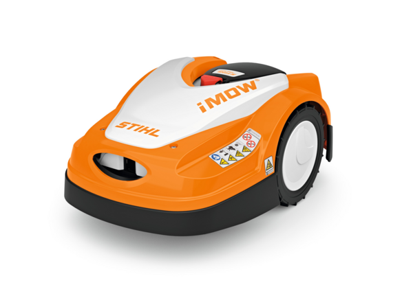 Stihl RMI 422 Mähroboter in Orange und Weiß mit Markenzeichen und Sensoren